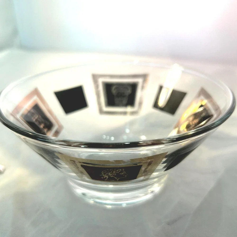 Small bar ware bowl with etched gold and black tone designs